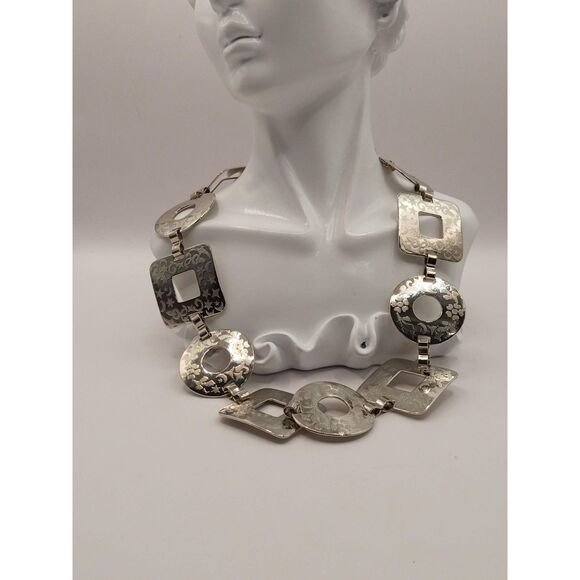Large Silver Tone Free Form Geometric Chunky Square & Circle Shapes Necklace - Picture 1 of 10